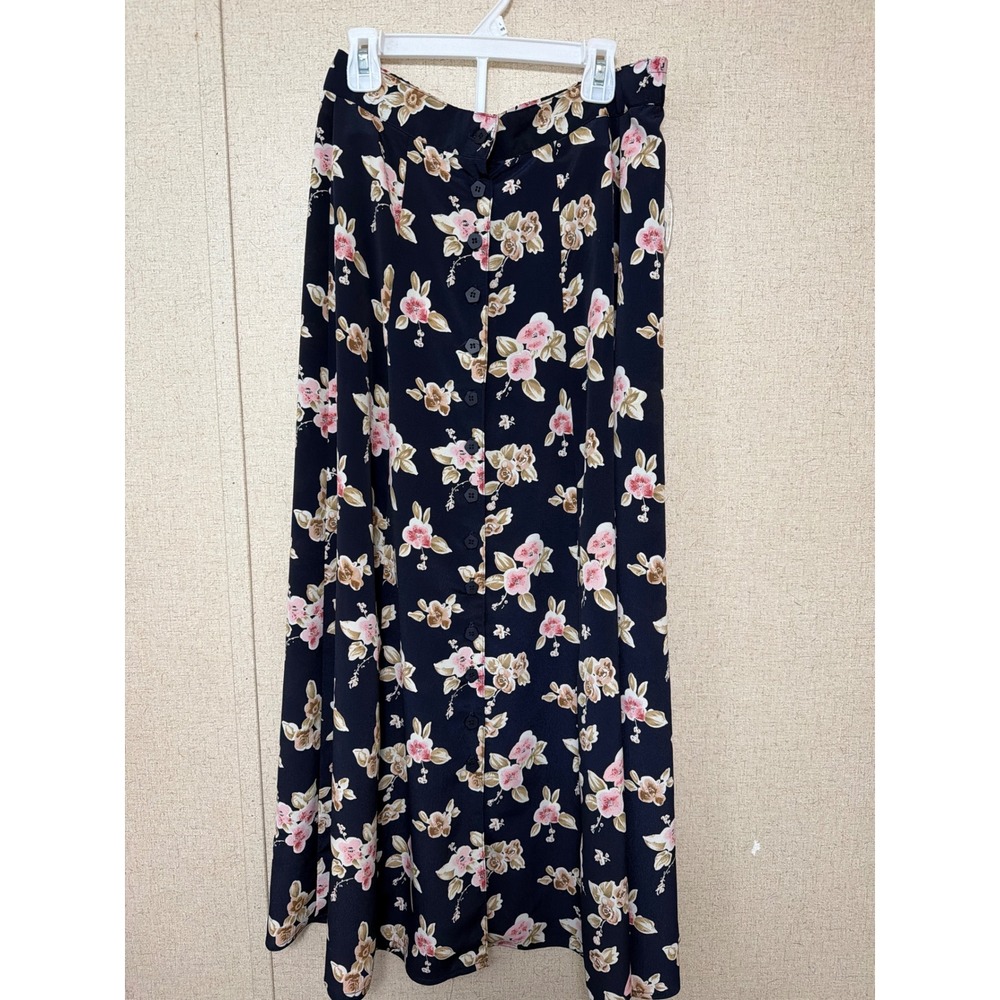 Rafaella Vintage Floral Button Front Maxi Skirt‎ Black Pink Size 10 Cottagecore